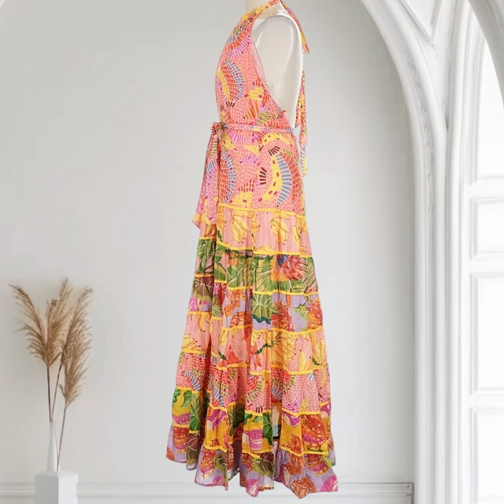 Farm Rio Mixed Prints Halter Neck Maxi Dress Women's L Topical‎ Dopamine - Picture 6 of 7